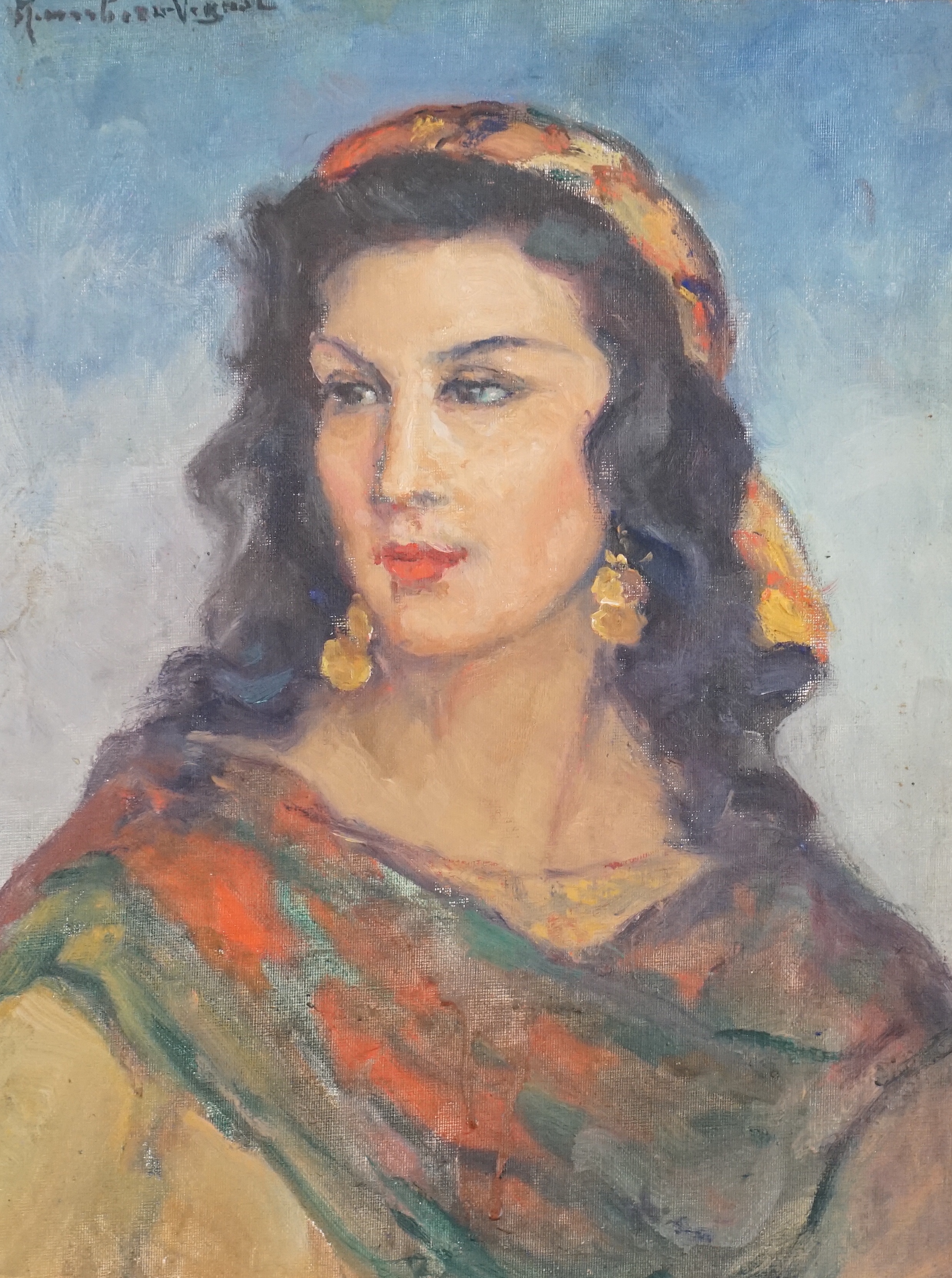 Humbert Vignol, oil on canvas board, Portrait of gypsy woman, indistinctly signed with French label verso, 34 x 25cm